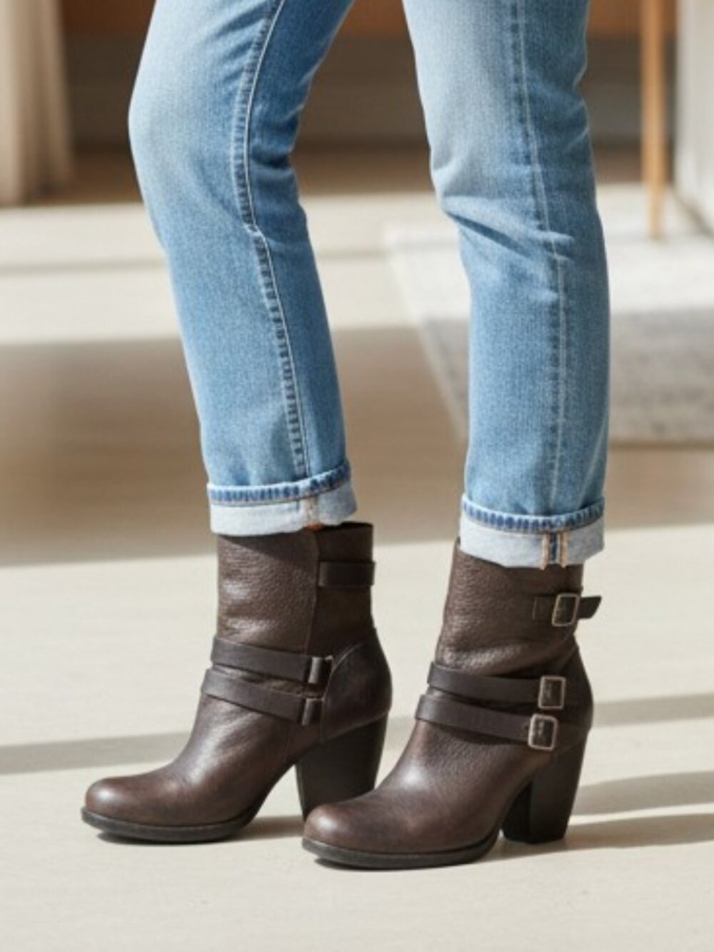Kork-Ease Anki Mid Boot Heel Buckles in Brown/Black - Size 9